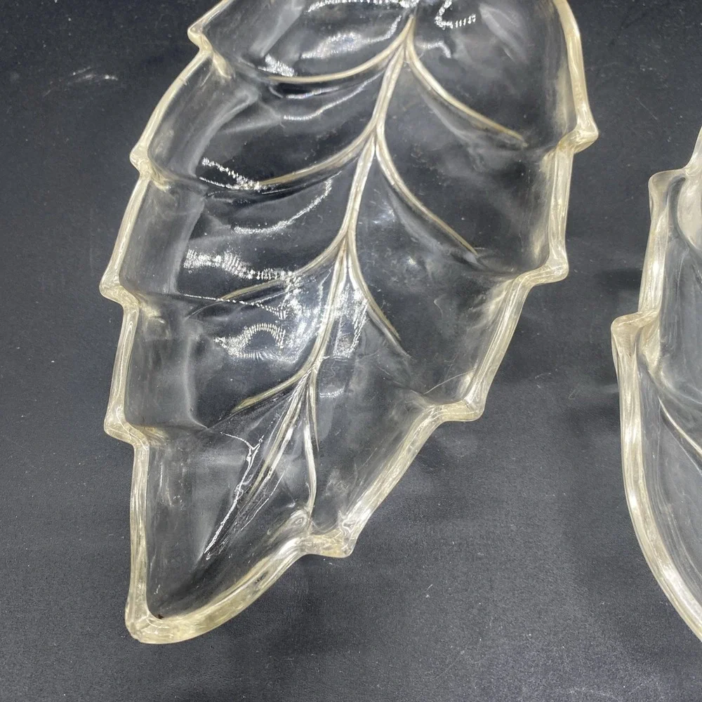 VTG Lot 2 Hazel Atlas Leaf Shaped Relish Dish Nut Candy Clear Glass
